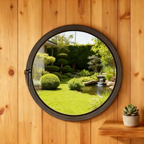 BYJSJY Ventana De Sótano Redonda,Ventana De Ventilación Giratoria Y Abatible Empotrada,Vidrio Templado Y Marco De Aleación De Aluminio,Ventanas Correderas para Baño,Cocina(Black,40cm/15.7in)