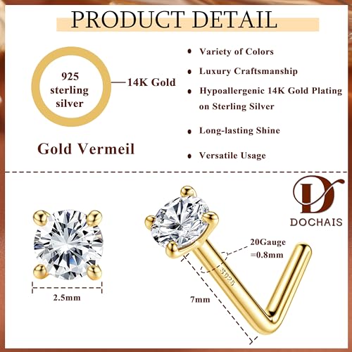 Dochais 14K Gold Filled Sterling Silver L Shaped Nose Rings 20G Nose Studs Clear Colorful Diamond CZ Nose Ring Studs Hypoallergenic Nose Piercings Birthstone Jewerly for Women Men Gold Silver - Thumbnail 2