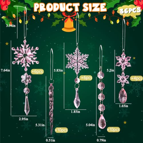 Image of 36pcs Crystal Christmas Ornaments for Tree Decorations, Pink Hanging Acrylic Snowflake Icicle Star Ornaments with Drop Pendants for Winter Wonderland Chandelier Crystals Decorations Supplies