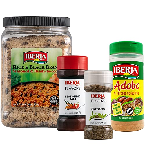 Iberia Seasoning Salt, 12 Oz + Iberia Orgeano, 1.7 Oz + Iberia Rice And Black Beans Jar 3.4 Lb. + Iberia Adobo Without Pepper, 16 Oz #TOP24