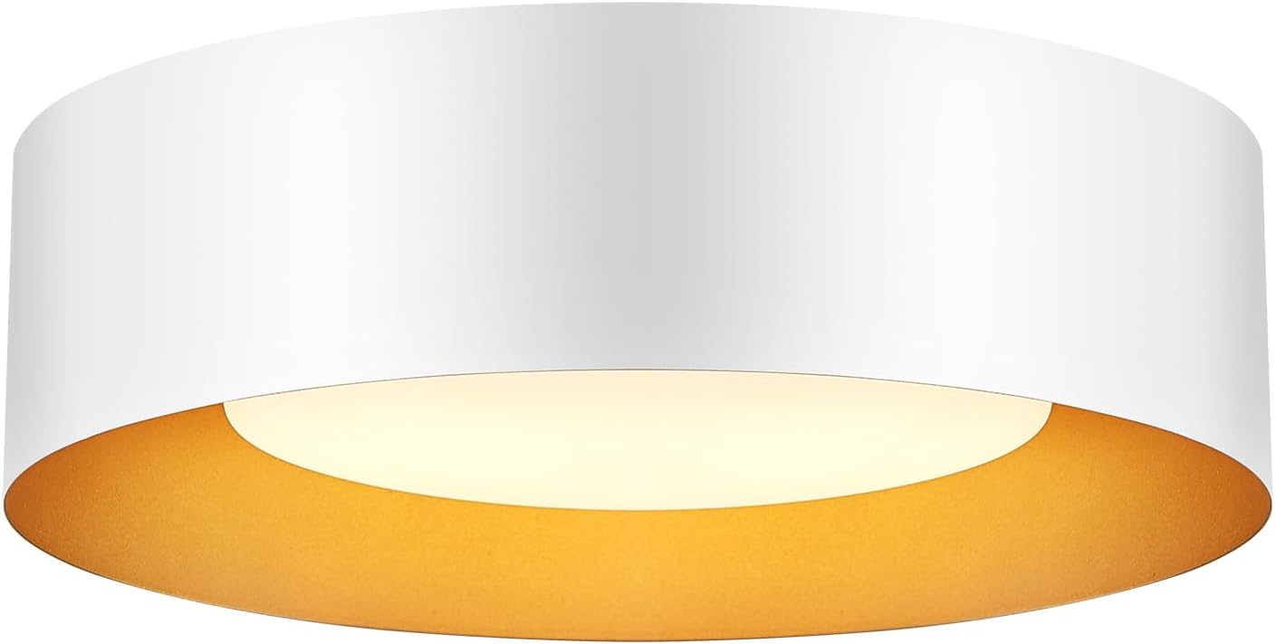 Modern White and Gold Flush Mount Ceiling Lights, Glass Round Ceiling Lighting, Minimalist Drum Close to Ceiling Light Fixtures for Bedroom, Dining Room, Bathroom, Hallways, Living Room