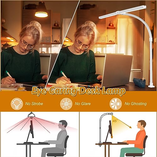 Image of LED Desk Lamp for Office Dorm Home - Eye Caring Desk Light with Timer, Remote Control 24W Brightest Dual Screen Computer Monitor Gooseneck Dimmable Table lamp with Anti-Glare Cover Clamp & Base