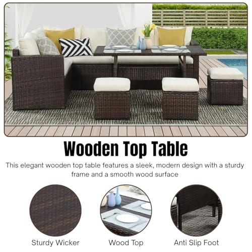 Image of DEVOKO 6 PCS L-Shape Patio Rattan Dining Set with Cushioned Chairs, Ottomans & Wood Dinning Table Top for Porch, Lawn, Garden, Backyard (Dark Brown & Off-White)