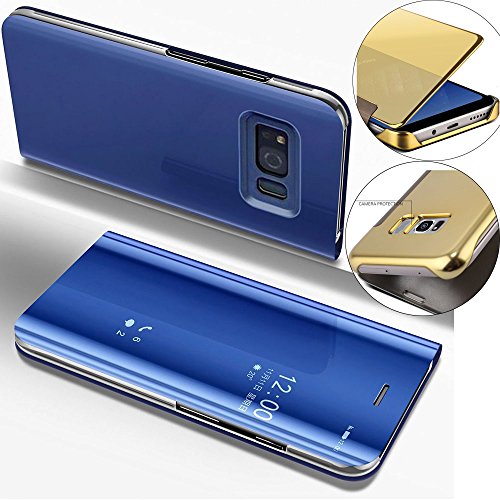 EMAXELERS Galaxy S8 Plus Funda, Funda Samsung Galaxy S8 Plus Espejo Caja de Maquillaje con Marco de Cuero de la PU Flip Protectora de Cuerpo Completo para Samsung Galaxy S8 Plus Mirror PU : Blue