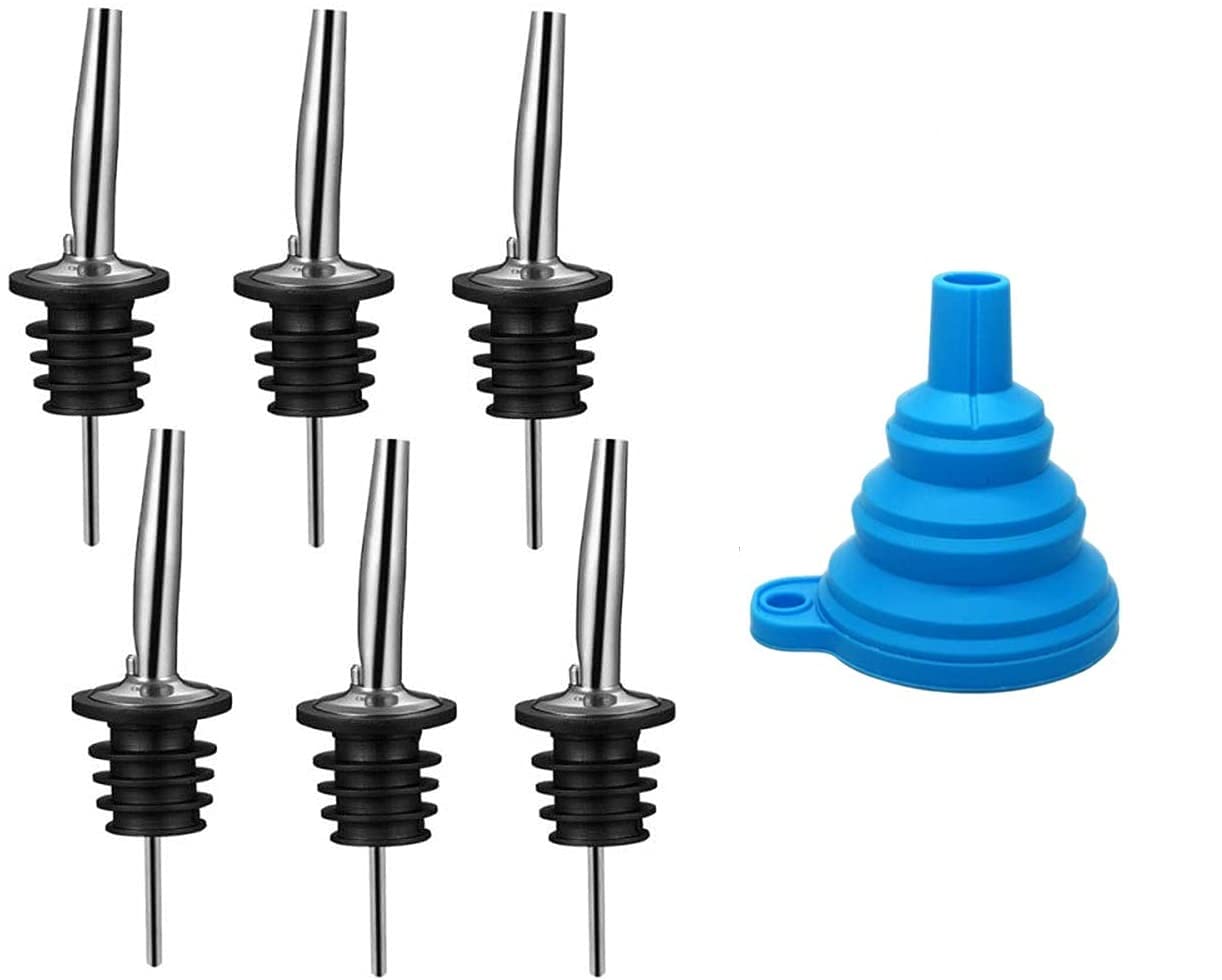 Stainless Steel Pourers,Speed pourer, Liquor Bottle Pourers and Vinegar Tapered Stopper Spout Bottle Mouth 6 Pcs and 1 funnel