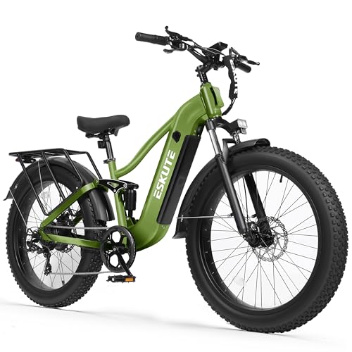 ESKUTE Electric Bike for Adults - 48V20.8Ah Battery Ebike up to 80 Miles, 32+MPH, Peak 1500W Brushless Motor, 26x4.0 Fat Tire Step-Over Mountain Ebike, Full Suspensions E-Bike， Green