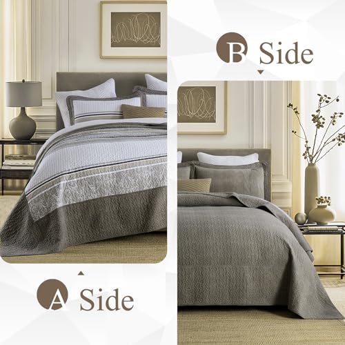 Image of 100% Cotton Oversized King Bedspread 120x120, Textured Stripe | Extra-Wide Coverage, Reversible 3-Piece Bedding Set, Fits Thick Mattresses, Lightweight All-Season Comfort, Farmhouse, Greige