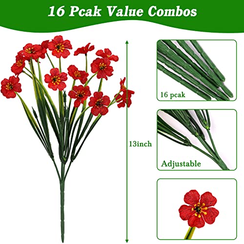 Cewor 16 Bundles Artificial Flowers For Outdoors, Fake Silk Flowers Faux Plants Uv Resistant For Hanging Planters Window Box Front Porch Indoor Outside Decorations (Red) #TOP1