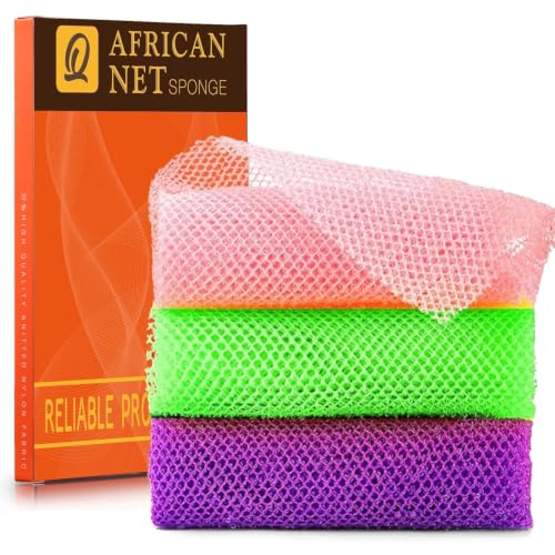 Image of UJFQBH 3 Pieces African Bath Sponge African Net Long Net Bath Sponge Exfoliating Shower Body Scrubber Back Scrubber Skin Smoother,Great for Daily Use (Purple, Pink,Green)
