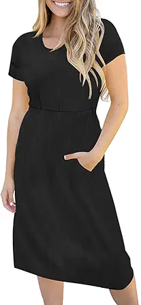 MEROKEETY Women's 3/4 Balloon Sleeve Striped High Waist T Shirt Midi Dress with Pockets