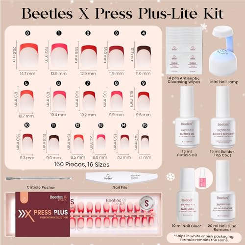 Image of Beetles X Press Plus Red French Tip Nails - Crimson French | 5 Colors Press On Nails Short Square | 160Pcs 16 Sizes All-in-One Kit Acrylic Nail with Nail Glue,Remover,Builder Top Coat,Nail Lamp Gift
