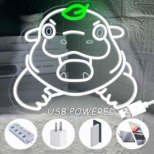 Image of Cute Hippo Neon Sign, Pygmy Hippo Neon Light Signs for Wall Decor, Dimmable Creative Hippopotamus Night Light with Green Leaf Led Signs for Kids Adults Fans Presents Living Room Bedroom Birthday Party