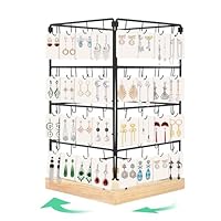 awagas 360°Rotating Earring Display Stand for Vendors, 4 Tier Jewellery Display Stand with Wooden Base and 64 Hooks, Large Capacity Earring Holder Organiser for Selling Bracelets Necklaces