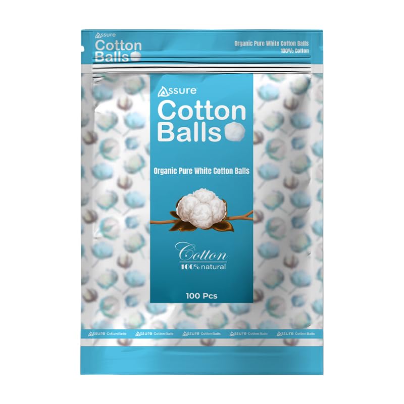Assure 100% Pure Cotton Balls, 100 Count (1 Packs) Cotton Balls | 100% Cotton | Soft | Highly Absorbent | For Face Cleaning | For Skin Cleaning, (Eye,Face) Makeup Removal, Nail Paint, Nail Polish Removal.
