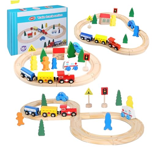 Cylora Holzeisenbahn Set Holz Eisenbahn Kinder, 33-teilige Magneteisenbahn mit Holzschienen, Passt für Thomas, Brio Schienen, Parkhaus Holz, Modelleisenbahn, Geschenke Mädchen und Jungen für 3+