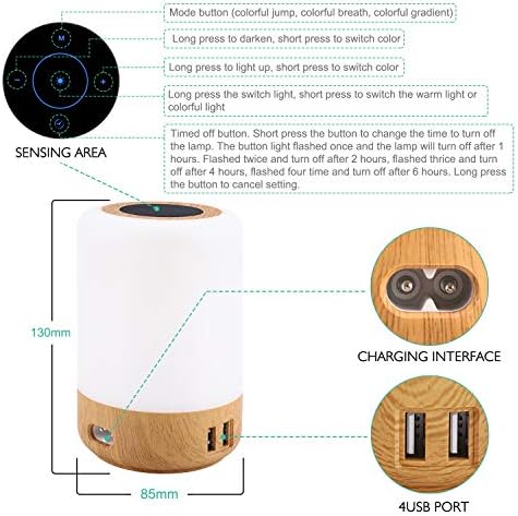 Taipow Bedside Table Lamp with 4 USB Charging Port, 3 Light Modes & 7 Colors, Brightness Adjustable Desk Lamp for Reading Working Sleeping, Touch Night Light Lamps for Bedrooms, Office - Wood Color