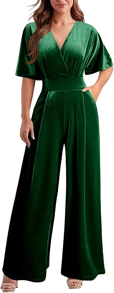 DAAWENXI Women's Casual Velvet V Neck Short Sleeve Jumpsuits Long Wide Pants One Piece Romper with Pocket