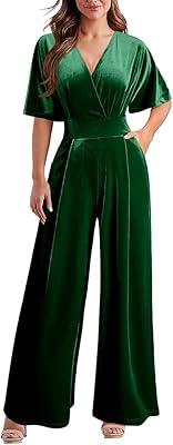 DAAWENXI Women's Casual Velvet V Neck Short Sleeve Jumpsuits Long Wide Pants One Piece Romper with Pocket