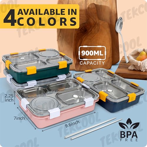 Image of TEKCOOL Lunch Box for Adults - Lunch Box for Kids - with Spoon & Fork - Stainless Steel Lunch Box with 4 Compartment - Durable Perfect Size for On-The-Go Meal, BPA-Free