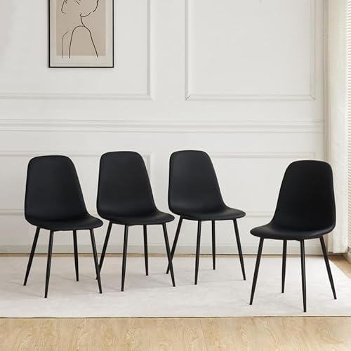 BRIBRION Dining Chairs Set of 4 with Black Metal Legs - Upholstered PU Faux Leather Seats, Home Living Room Furniture - Channel Back, Modern Kitchen & Cafe Chair (Black)