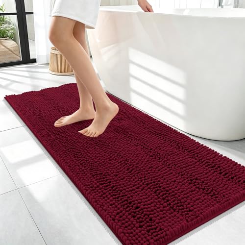 Image of OLANLY Thick Bathroom Runner Rugs 47x17, Extra Absorbent Chenille Striped Bath Rugs, Rubber Backing, Machine Wash Dry, Long Bath Mats for Bathroom, Tub and Shower, Home Decor Accessories, Burgundy