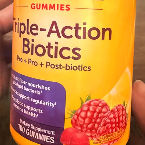 Nature_Mades Triple Action_Biotics Gummies (100 Count) | Pre + Pro + Postbiotic Blend with Fiber & Probiotics, Lemon Raspberry Flavor