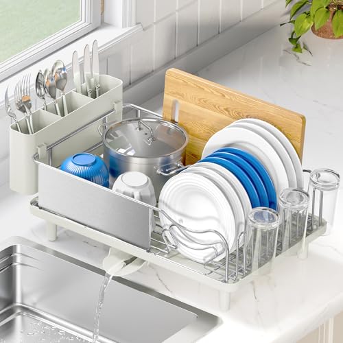 Image of Stainless Steel Dish Drying Rack - Large Capcity 304 Grade Dish Drainer for Kitchen Counter with Drain Board, Utensil Holder & Detachable Cup Shelf, Rustproof Multifunctional Organizer, Light Green