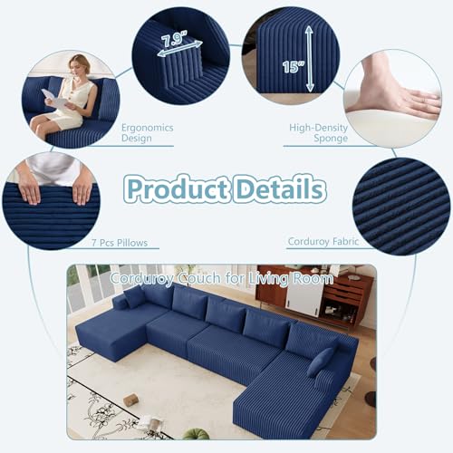 Image of 160 inch W Modular Sectional Sofa,Modern U-Shaped Cloud Couch with Deep Seat,Comfy Corduroy Sofa for Living Room,No Assembly (Blue)