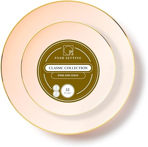 Juego de platos de plástico de 32 piezas elegante vajilla desechable con borde rosa y dorado platos de fiesta para vacaciones Navidad Acción de