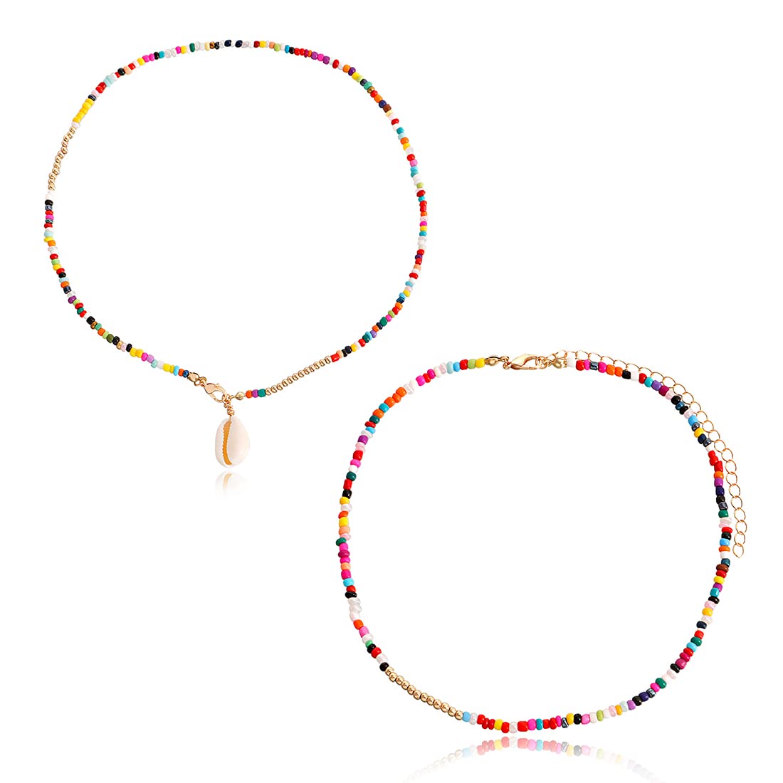 IUDWCG 2 Pcs Bohemio collar de conchas Collar de cuentas de oro de las mujeres Collar de perlas de colores Collar bohemio de verano Collar de playa en capas collar étnico Joyería Mujeres y Niñas