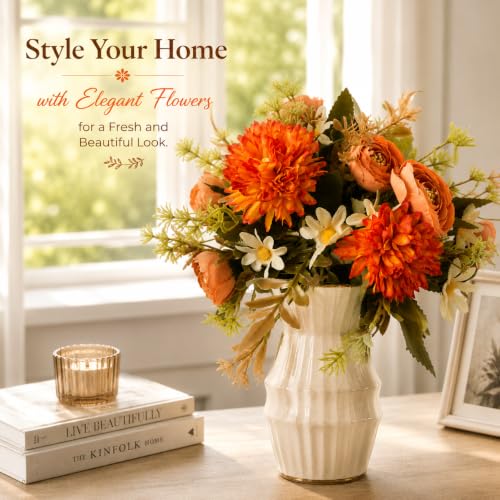 Image of CURATED CART Artificial Flowers 2 Bunches - 9 Mixed Flower Heads Each - Roses, Daisies & Chrysanthemums - Faux Flowers for Vases, Home Decor, Office, Parties (Orange) (No Vase)