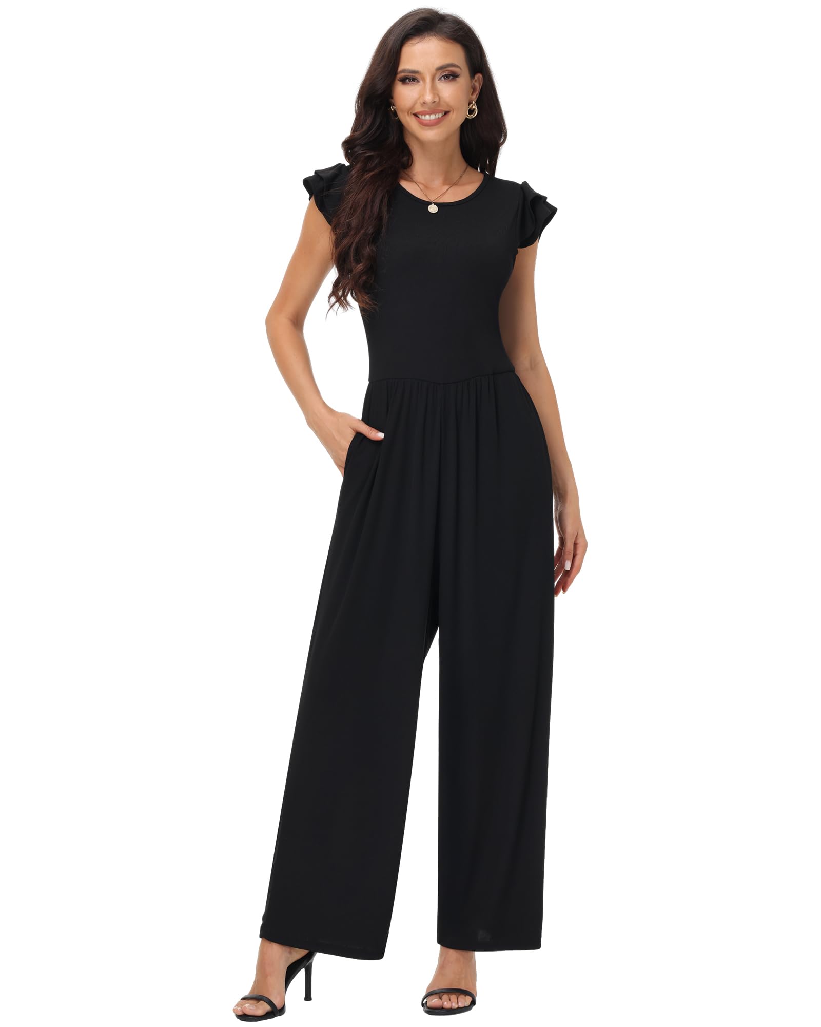 Chicingyou Women's Summer Dressy Jumpsuits Crew Neck Ruffle Cap Sleeves Rompers High Waist Wide Leg Jumpsuits with Pockets