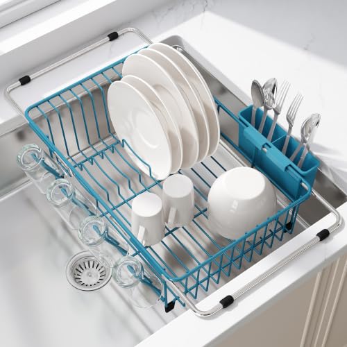 Image of JASIWAY Blue Dish Drying Rack in Sink, Dish Drainer with Utensil Holder