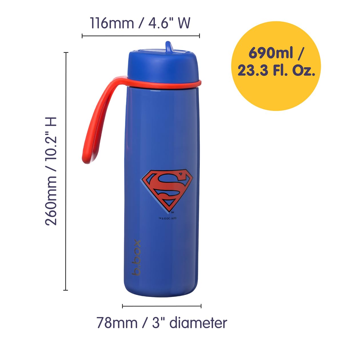 Superman b.box 690 ml butelka termiczna z pokrywką | Trójwarstwowa izolacja ze stali nierdzewnej | utrzymuje napoje zimne do 44 godzin | 690 ml