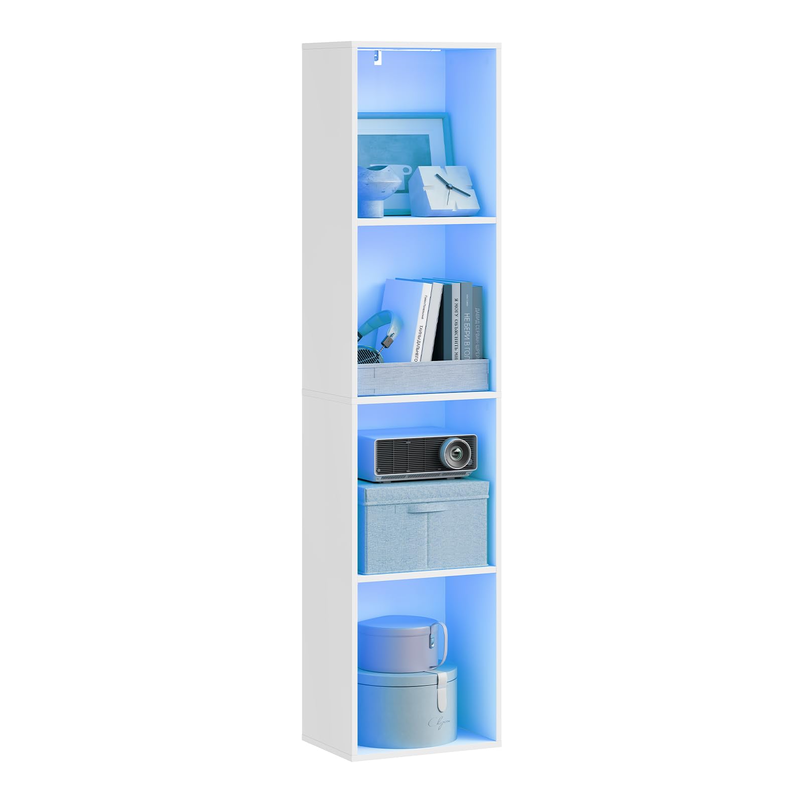 WOLTU Libreria Verticale con Luce LED e 4 Scomparti, Scaffale Libreria con Dispositivo Antiribaltamento, 40x29x170 cm, Stile Moderno, in Legno per Soggiorno, Camera da Letto e Studio, Bianco