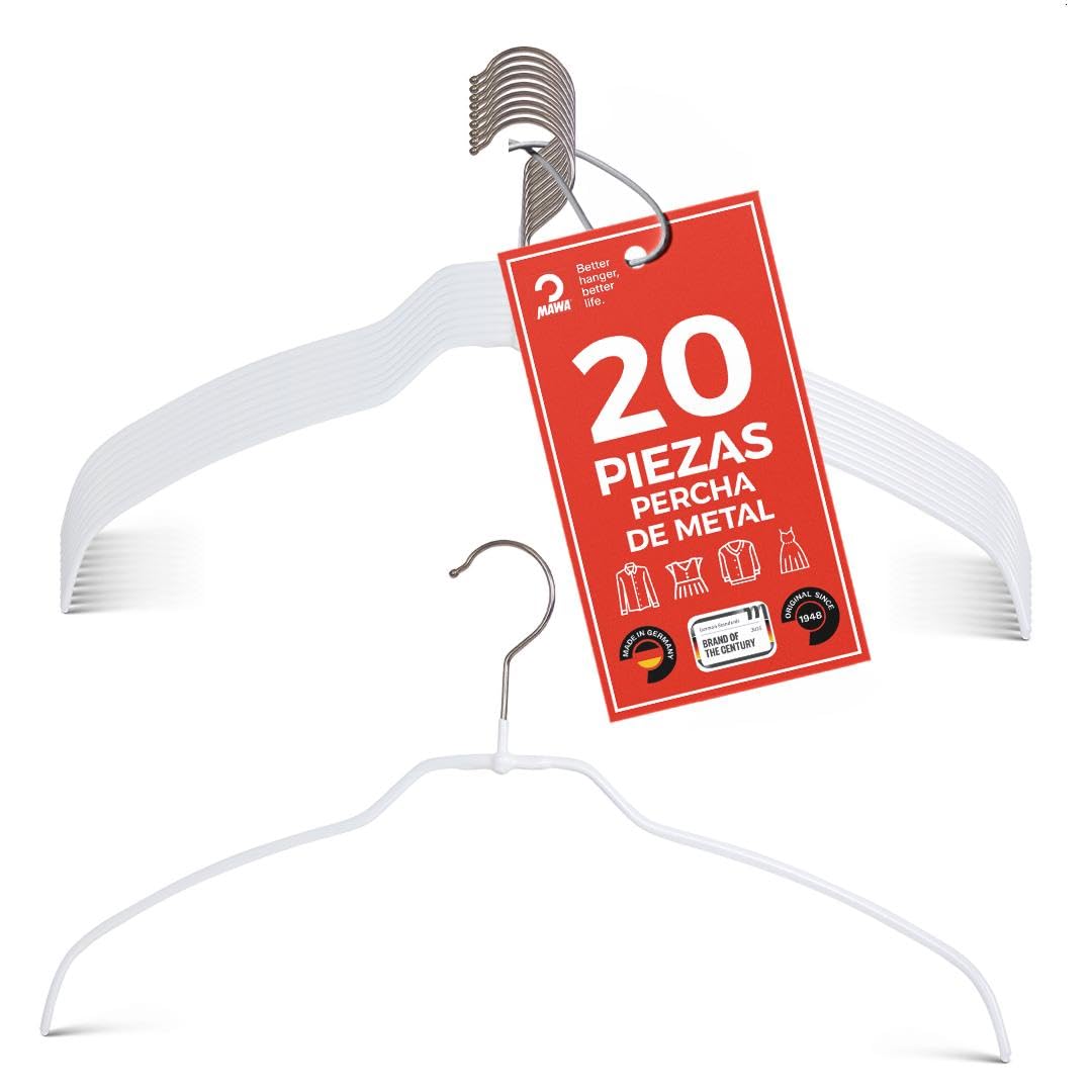 MAWA Perchas, Set de 20 Perchas Ahorra Espacio y Antideslizantes, Gancho Giratorio 360°, Ideales para Blusas, Camisas y Camisetas, 36 cm, Blanco, Fabricadas en Alemania