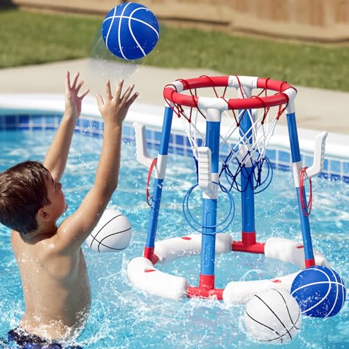 2-in-1 Pool Basketball Hoop & Ring Toss Game - Anti-Tip Stable Base - Includes 4 Basketballs/8 Rings/Pump - Floating Summer Pool Toys Gifts for Kids Ages 8-12 and Adults, Red