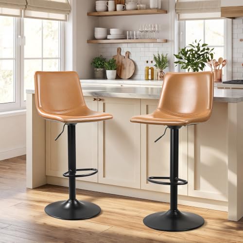 Image of Waleaf Adjustable Bar Stools Set of 2, Modern Faux Leather Swivel Barstools