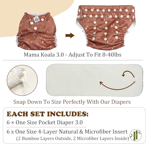 Mama Koala 3.0 Pocket Cloth Diapers for Babies with AWJ Lining, 6 Pack with 6 4-Layer Natural Cloth Diaper Inserts - Reusable and Washable Pocket Diapers (Hope in The Desert)