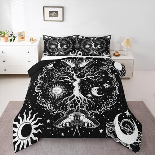 Erosebridal Tree of Life Bedding Set Psychedelic Mystic Stars Space Comforter Set Gothic Moth Butterfly Black White Boho Style Duvet Insert 3D Printed Constellations Home Dorm Decoration Full 3Pcs