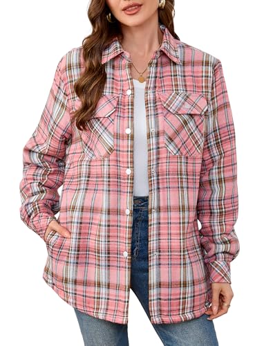 Women's Fleece Flannel Jacket Cotton Plaid Button Down Shirts Jacket Sherpa Lined Plaid Jackets for Women2