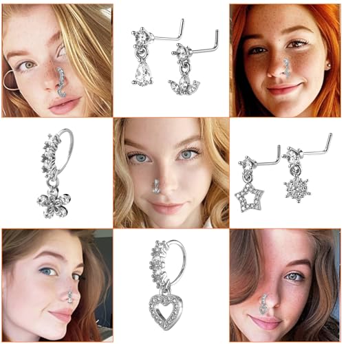 10 Pcs Dangle Nose Ring Hoop 20g Cz Nose Rings with Charm L Shaped Dangling Noses Stud Indian Piercing Jewelry For Women4