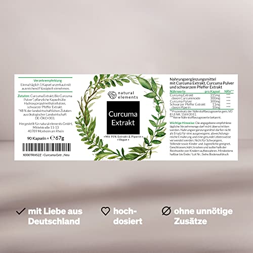 Curcuma Extrakt - 90 Kapseln - Curcumingehalt EINER Kapsel entspricht ca. 10.000mg Kurkuma - Hochdosiert aus 95% Extrakt - Laborgeprüft, vegan und in Deutschland produziert