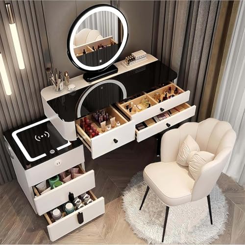 Mesa Vani de maquillaje regulable con luces LED, 5 Ders y estadísticas de carga, escritorio de maquillaje Ele y silla de pétalos para decoración de dormitorio Slish Sto Solut