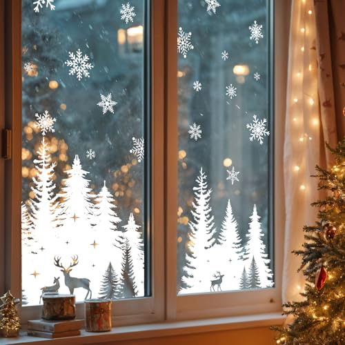 Whaline 6 Sheet Christmas Window Clings Window Decal White Xmas Tree Snowflake Elk Reusable Anti-Collision Windows Decor for Winter Home Party Supplies