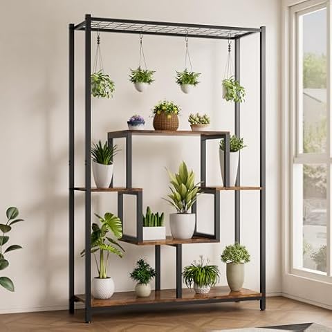 Redpick 5-Tier Tall Plant Stand Indoor, 72" Large Metal Plant Shelf with 10Pcs Hanging Hooks, Multi-Purpose Flower Bonsai Pots Display Rack for Living Room, Balcony, Porch Cover