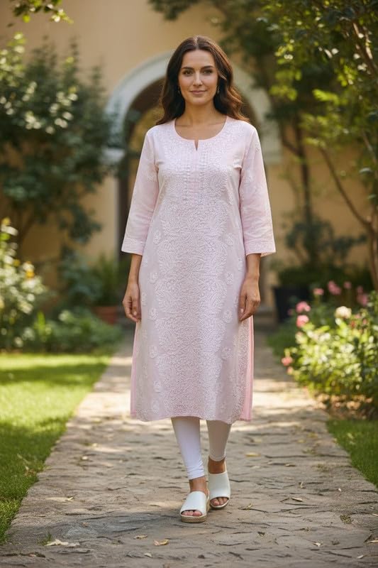 Image of Eddika Women's Cotton Teri Voil Hand-Embroidered Chikankari Kurta | Elegant Lucknowi Style Ethnic Wear