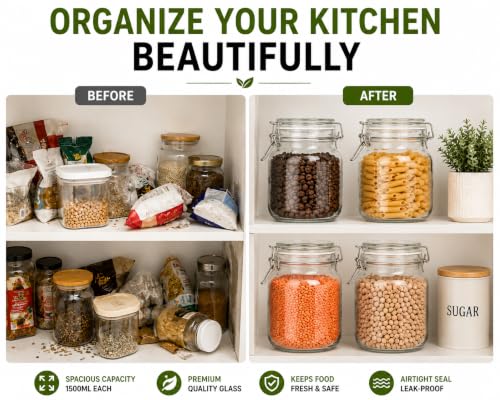 Image of Vasukie 1500ML Glass Jars With Airtight Leak Proof Lids | Wide Mouth Storage Canister Jars Perfect for Kitchen Canning, Dry Food, Spices, Pickle, Coffee, Tea, Snacks, Sugar, and More (Pack Of 3)