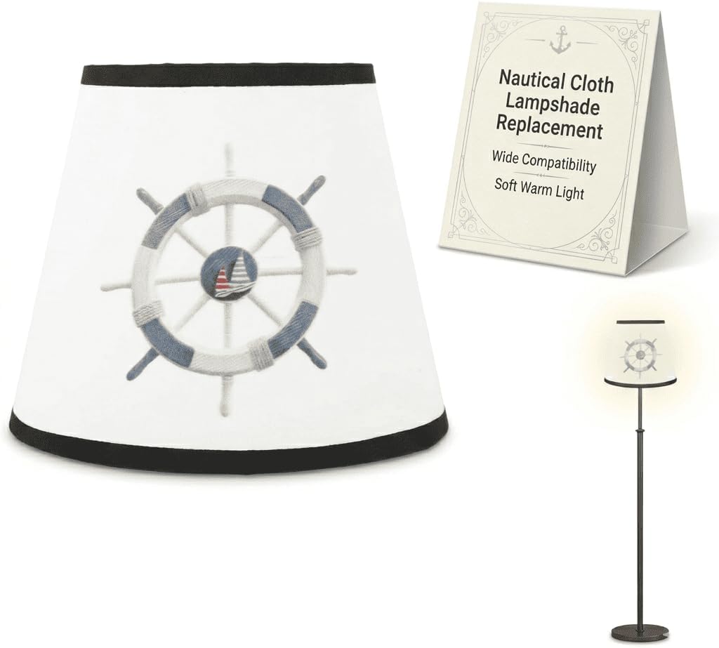 Nautical Cloth Lampshade Replacement Light Cover For Bedside Table Desk Floor Lamp Easy Install Fabric Shade With Ship Rudder Pattern Coastal Bedroom Living Room Office