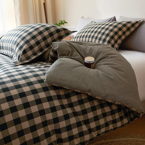 Image of Cyusri Cotton Plaid Full Comforter Set - Soft Lightweight Bedding 3 Pieces Dyed Bed Set with 2 Pillow Shams,Reversible All Season Farmhouse Down Alternative(Full Size 80 inchx90 inch Dark Green)